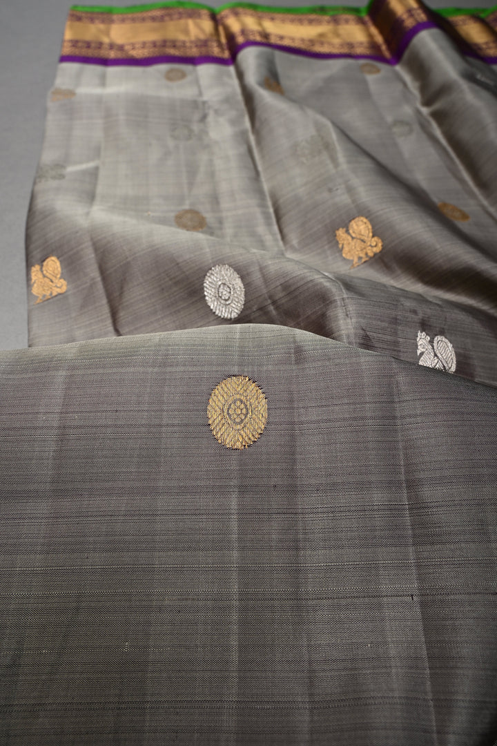 Gray Gadwal Silk Saree with Gold-Silver Buttas and Contrast Wide Zari Border | SILK MARK CERTIFIED | SHOBITAM