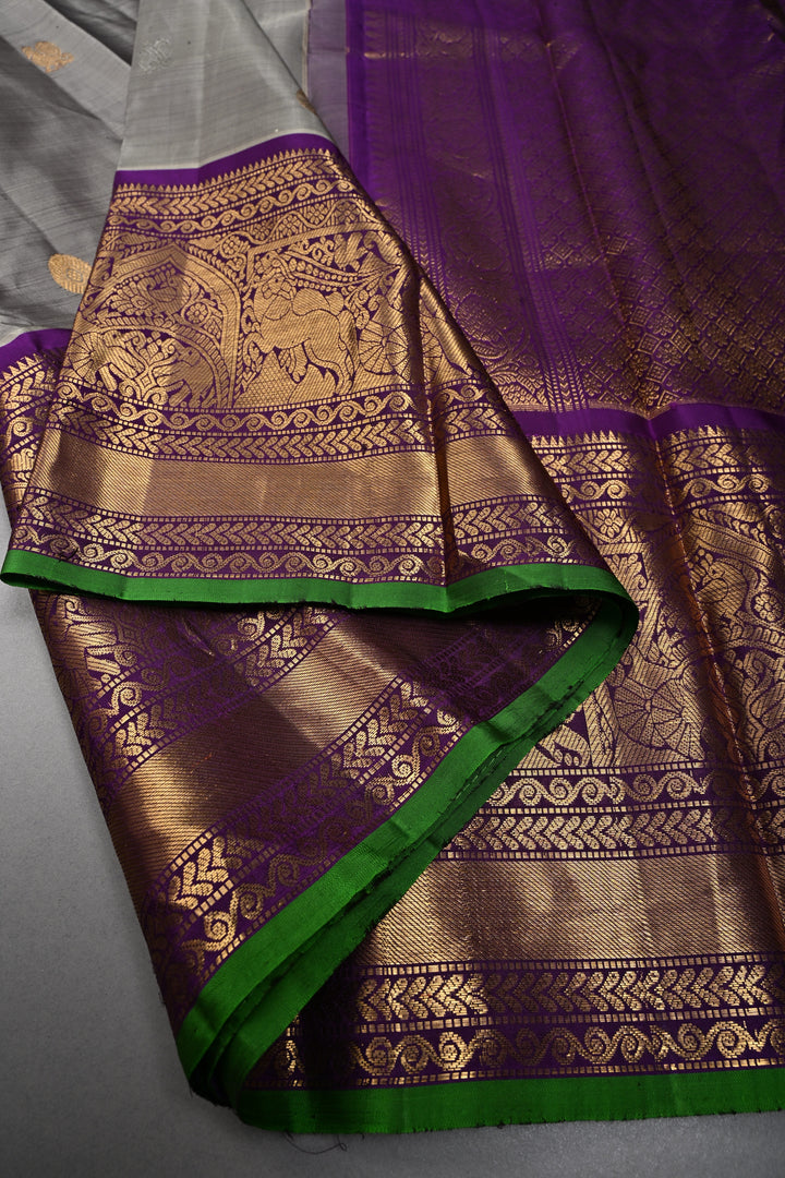 Gray Gadwal Silk Saree with Gold-Silver Buttas and Contrast Wide Zari Border | SILK MARK CERTIFIED | SHOBITAM