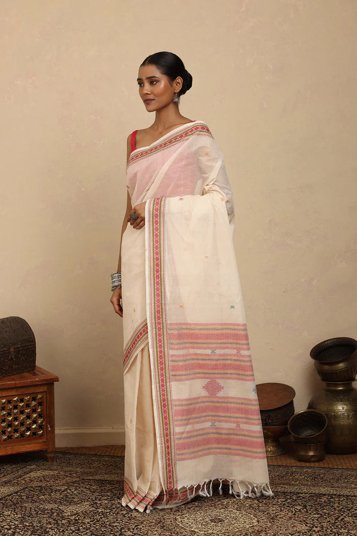 Handloom White Kanchi Cotton Saree | SHOBITAM