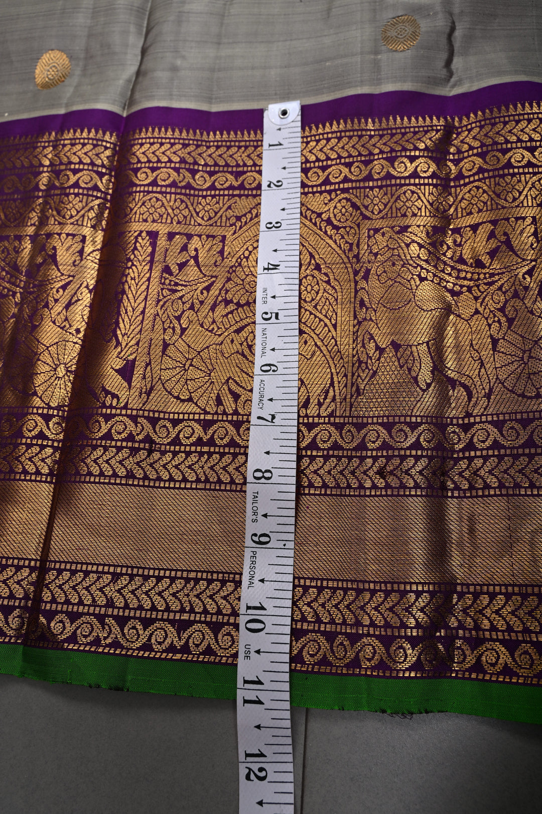 Gray Gadwal Silk Saree with Gold-Silver Buttas and Contrast Wide Zari Border | SILK MARK CERTIFIED | SHOBITAM