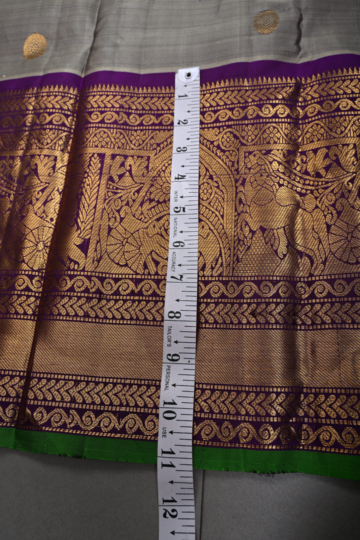Gray Gadwal Silk Saree with Gold-Silver Buttas and Contrast Wide Zari Border | SILK MARK CERTIFIED | SHOBITAM