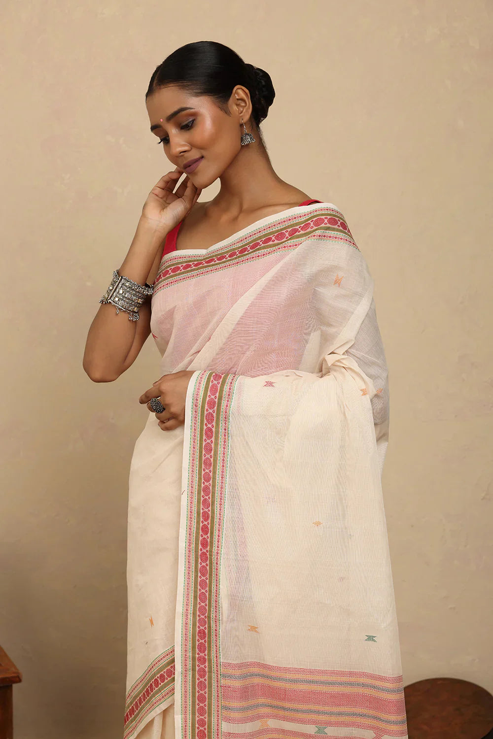 Handloom White Kanchi Cotton Saree | SHOBITAM