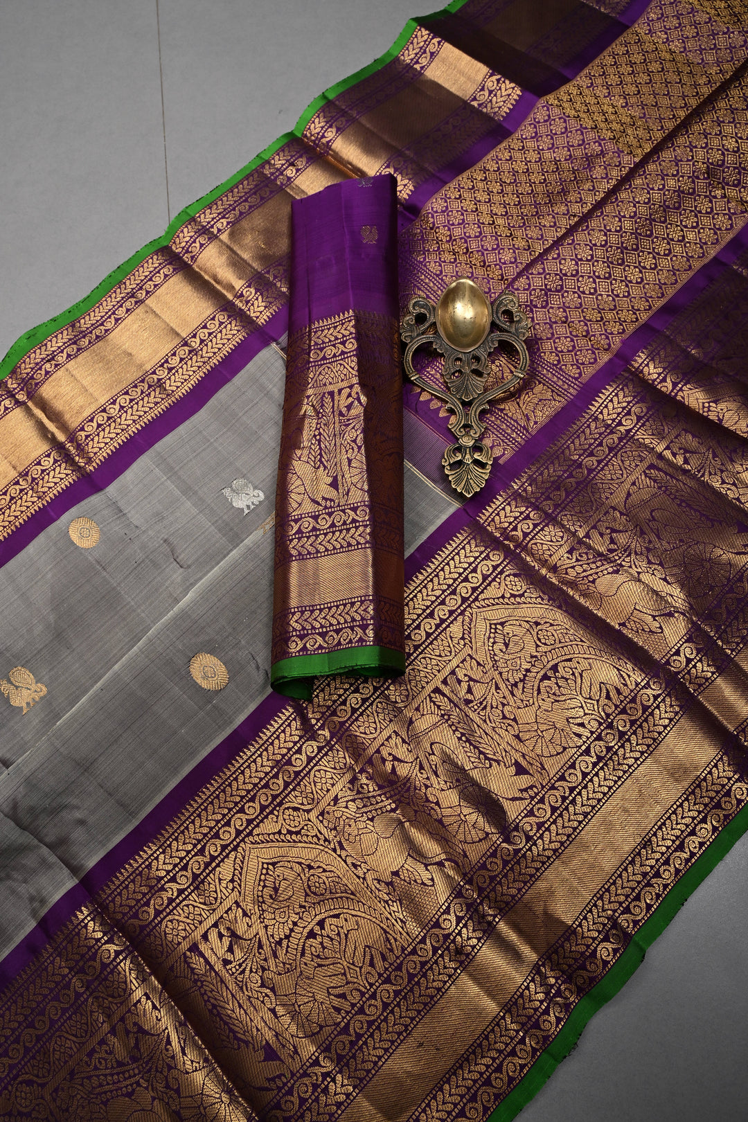 Gray Gadwal Silk Saree with Gold-Silver Buttas and Contrast Wide Zari Border | SILK MARK CERTIFIED | SHOBITAM
