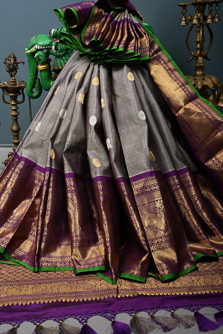 Gray Gadwal Silk Saree with Gold-Silver Buttas and Contrast Wide Zari Border | SILK MARK CERTIFIED | SHOBITAM