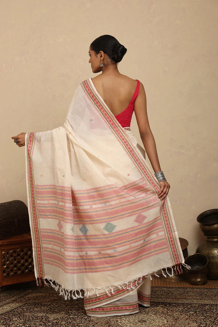Handloom White Kanchi Cotton Saree | SHOBITAM