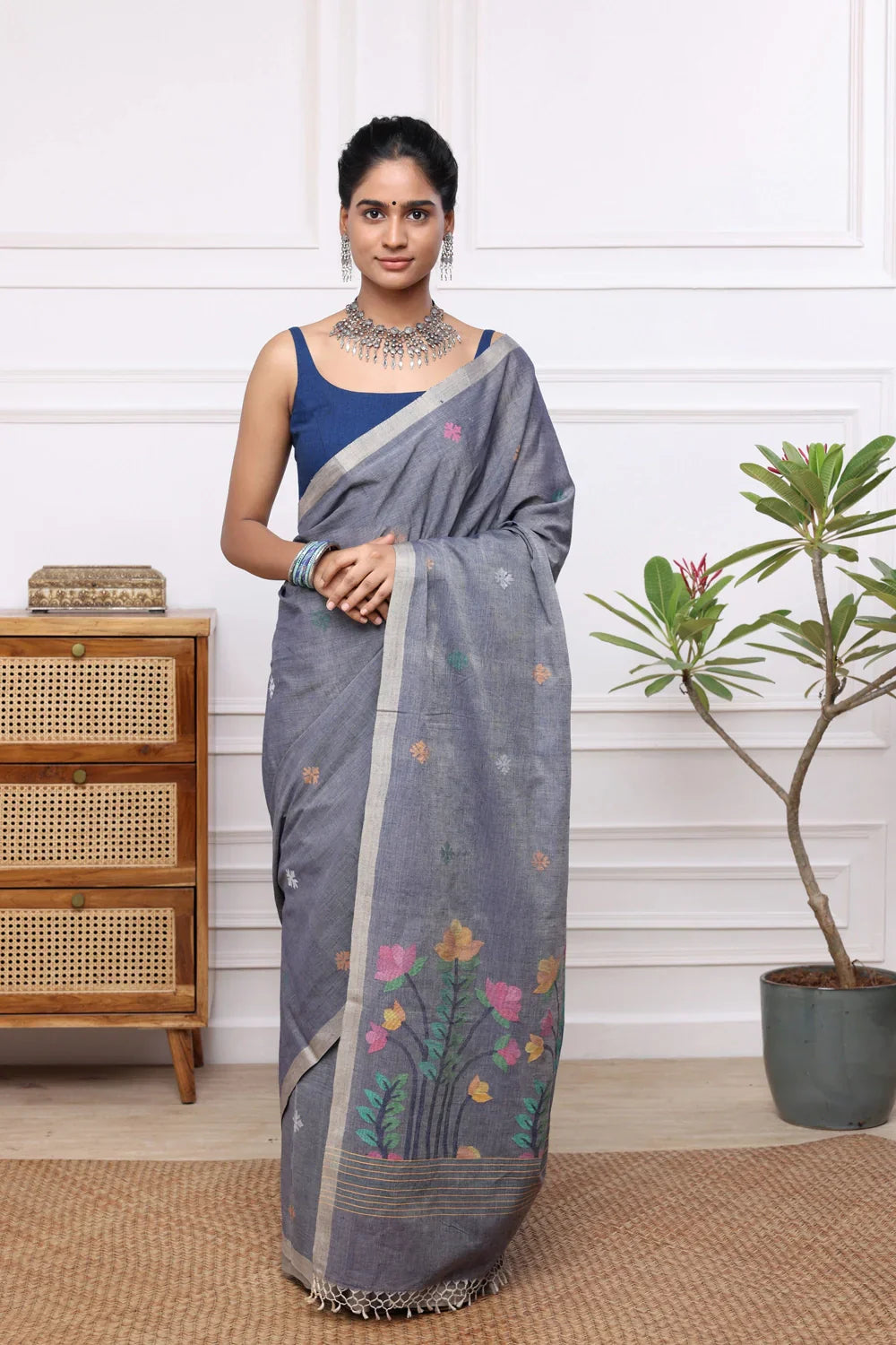 Handloom Grey Soft Cotton Jamdani with Multi Colour Floral Motifs | SHOBITAM