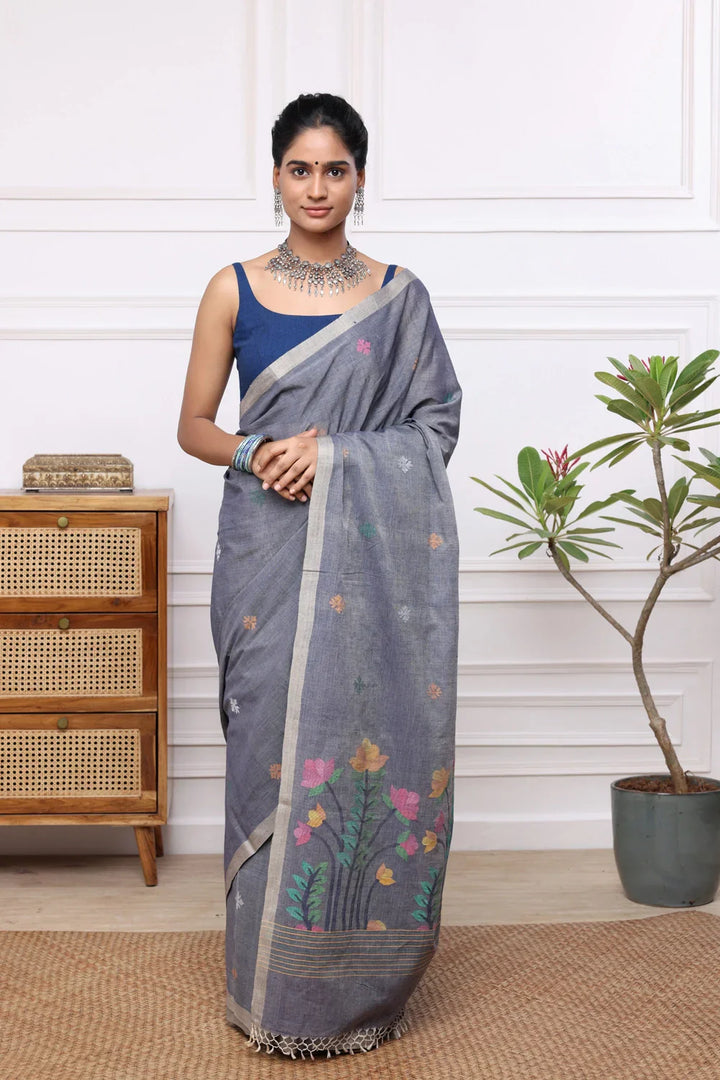 Handloom Grey Soft Cotton Jamdani with Multi Colour Floral Motifs | SHOBITAM