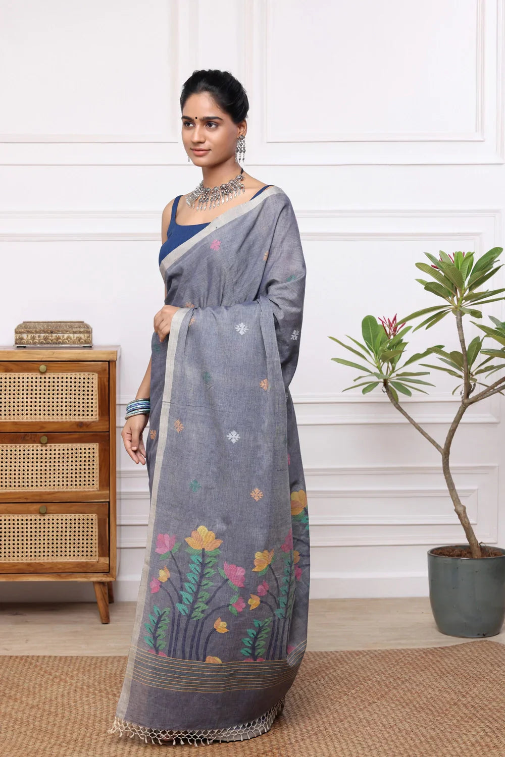 Handloom Grey Soft Cotton Jamdani with Multi Colour Floral Motifs | SHOBITAM