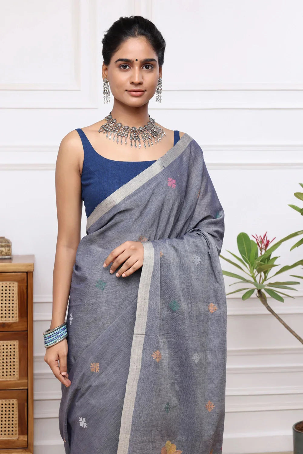 Handloom Grey Soft Cotton Jamdani with Multi Colour Floral Motifs | SHOBITAM
