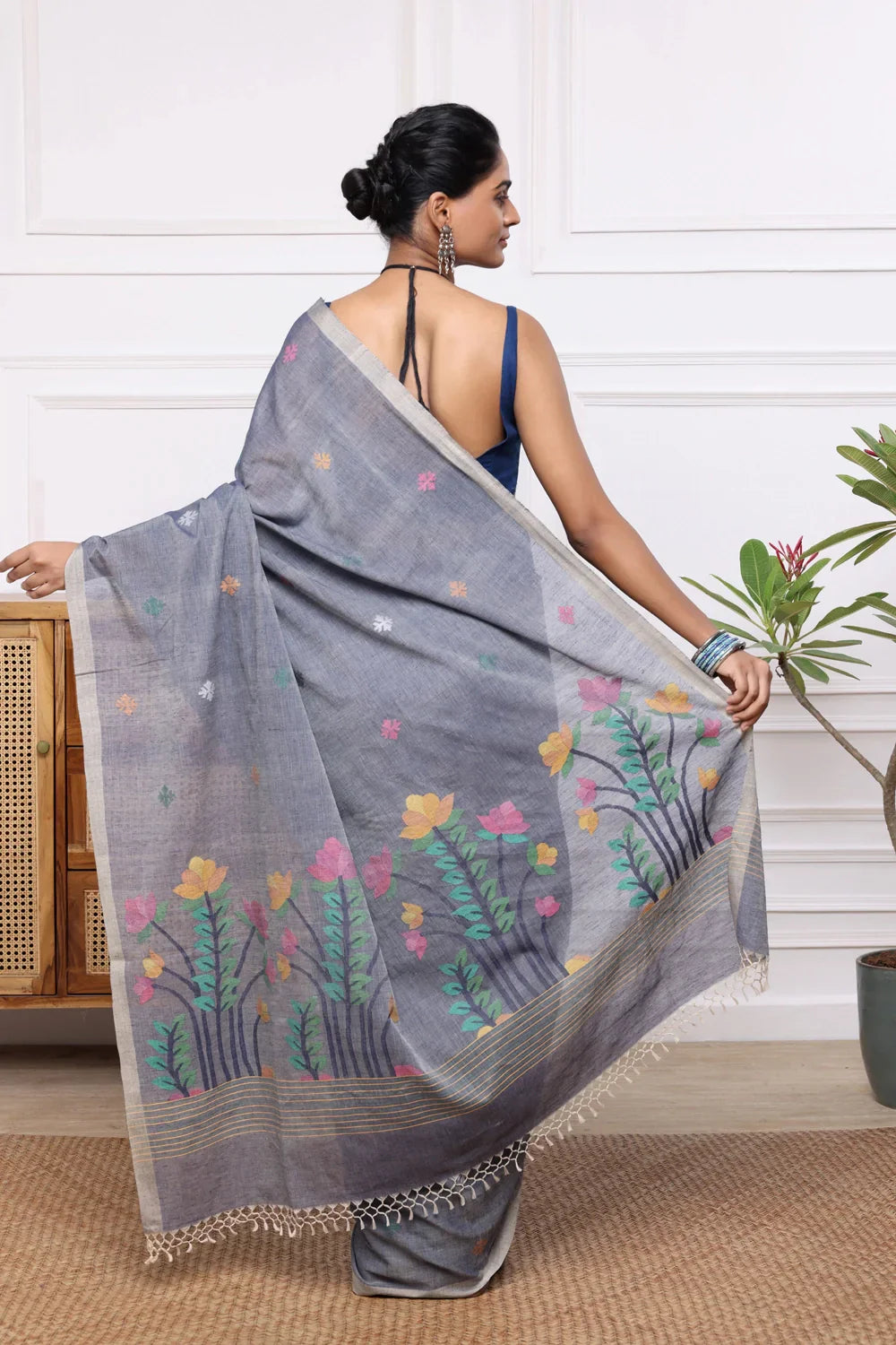 Handloom Grey Soft Cotton Jamdani with Multi Colour Floral Motifs | SHOBITAM
