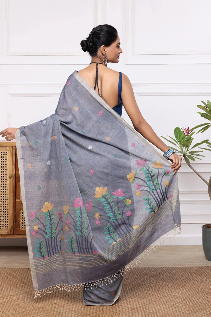 Handloom Grey Soft Cotton Jamdani with Multi Colour Floral Motifs | SHOBITAM