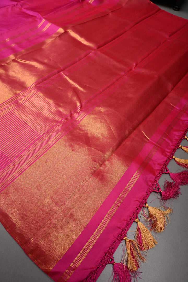 Bright Pink  Kanjivaram Silk Saree with  Zari Temple border | SILK MARK CERTIFIED | shobitam