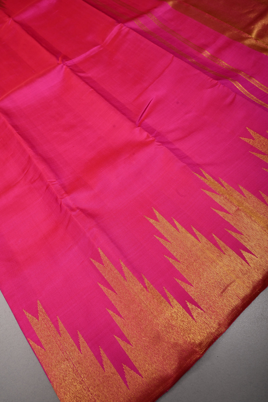 Bright Pink  Kanjivaram Silk Saree with  Zari Temple border | SILK MARK CERTIFIED | shobitam