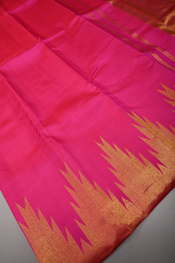 Bright Pink  Kanjivaram Silk Saree with  Zari Temple border | SILK MARK CERTIFIED | shobitam