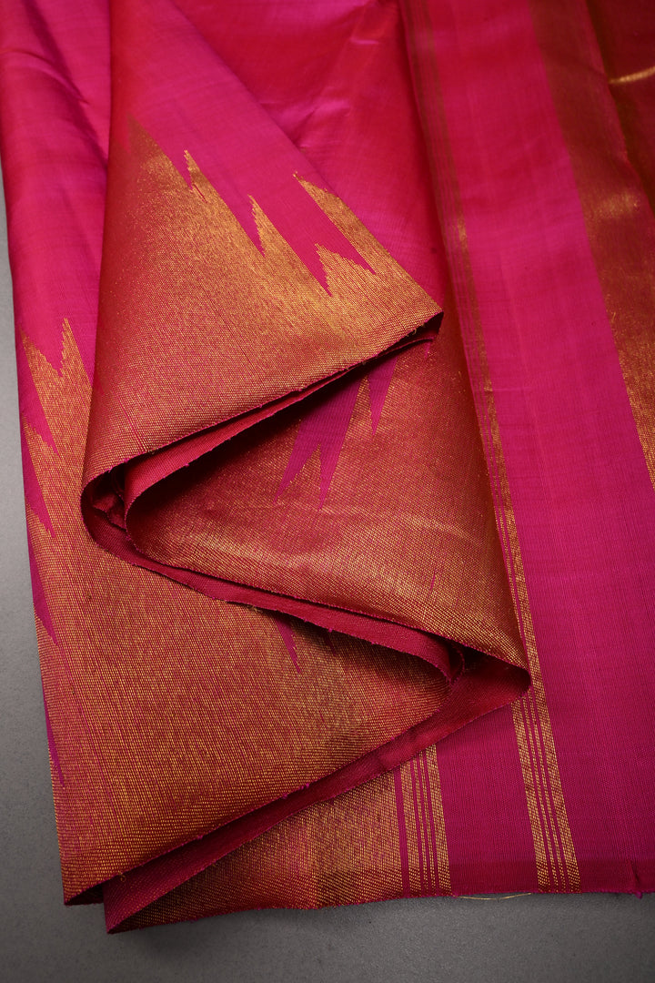 Bright Pink  Kanjivaram Silk Saree with  Zari Temple border | SILK MARK CERTIFIED | shobitam