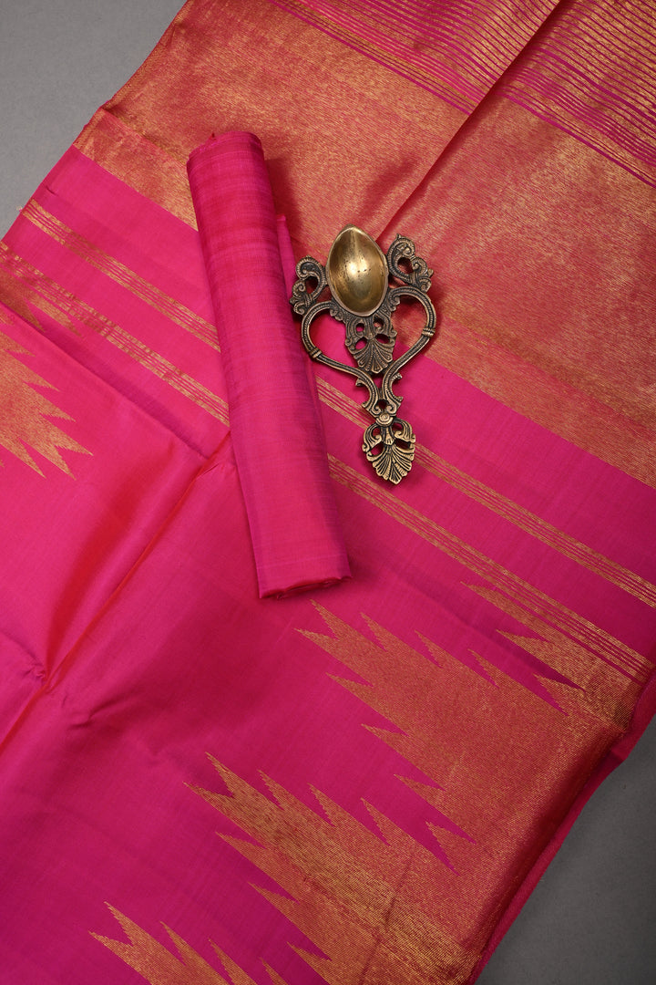 Bright Pink  Kanjivaram Silk Saree with  Zari Temple border | SILK MARK CERTIFIED | shobitam