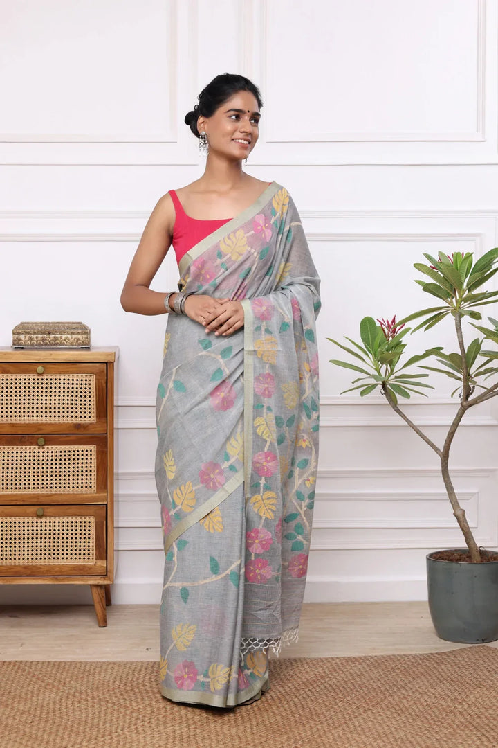 Handloom Grey Soft Cotton Multi Colour Floral Jamdani Saree | SHOBITAM