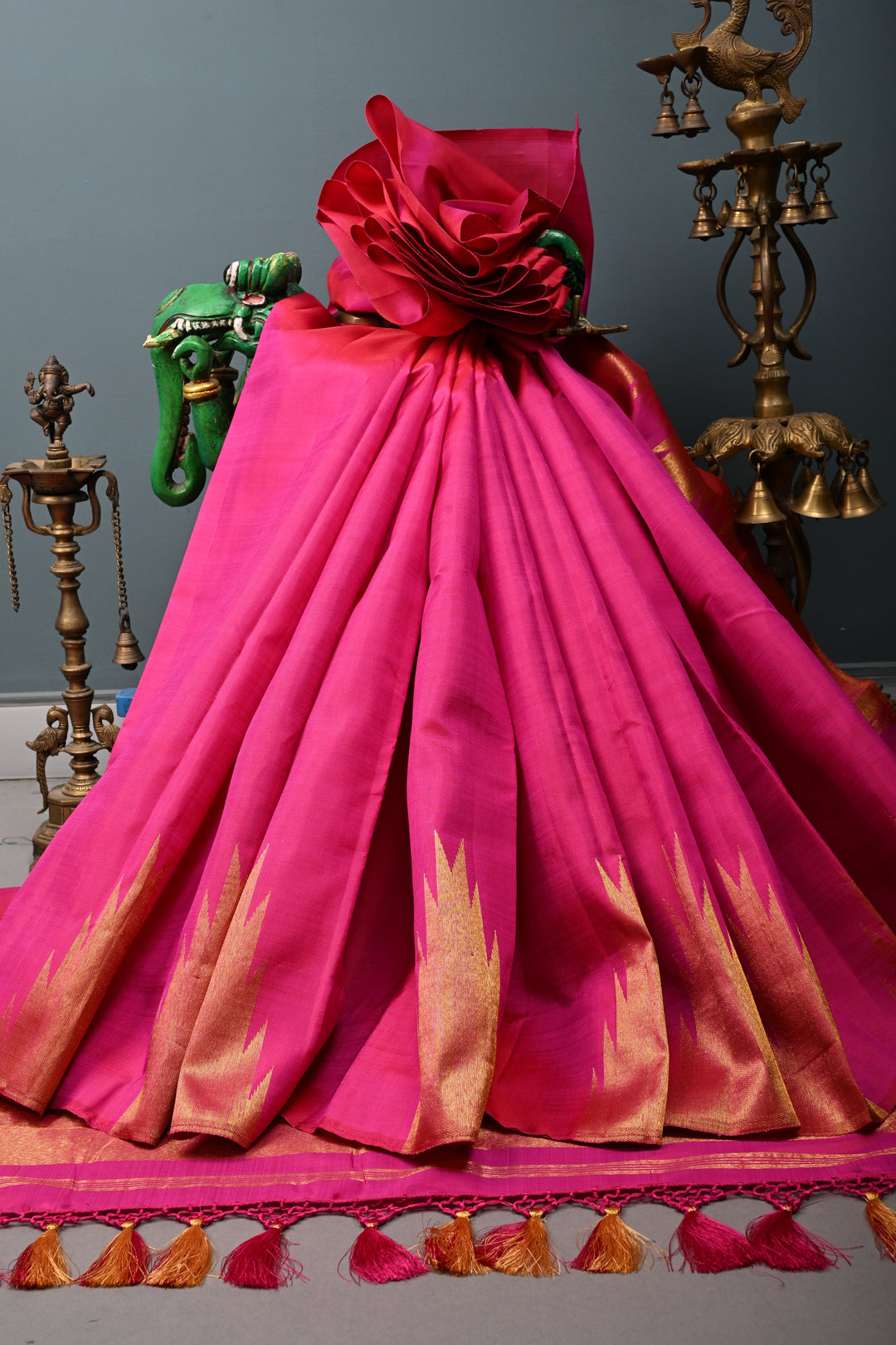 Bright Pink  Kanjivaram Silk Saree with  Zari Temple border | SILK MARK CERTIFIED | shobitam