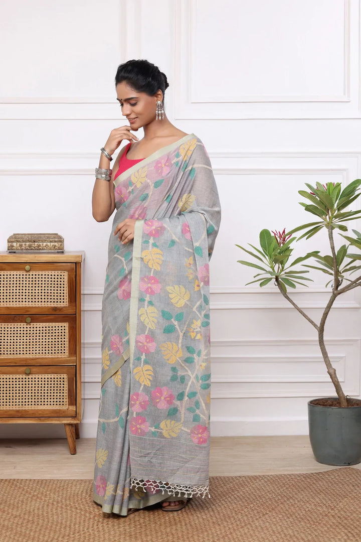 Handloom Grey Soft Cotton Multi Colour Floral Jamdani Saree | SHOBITAM