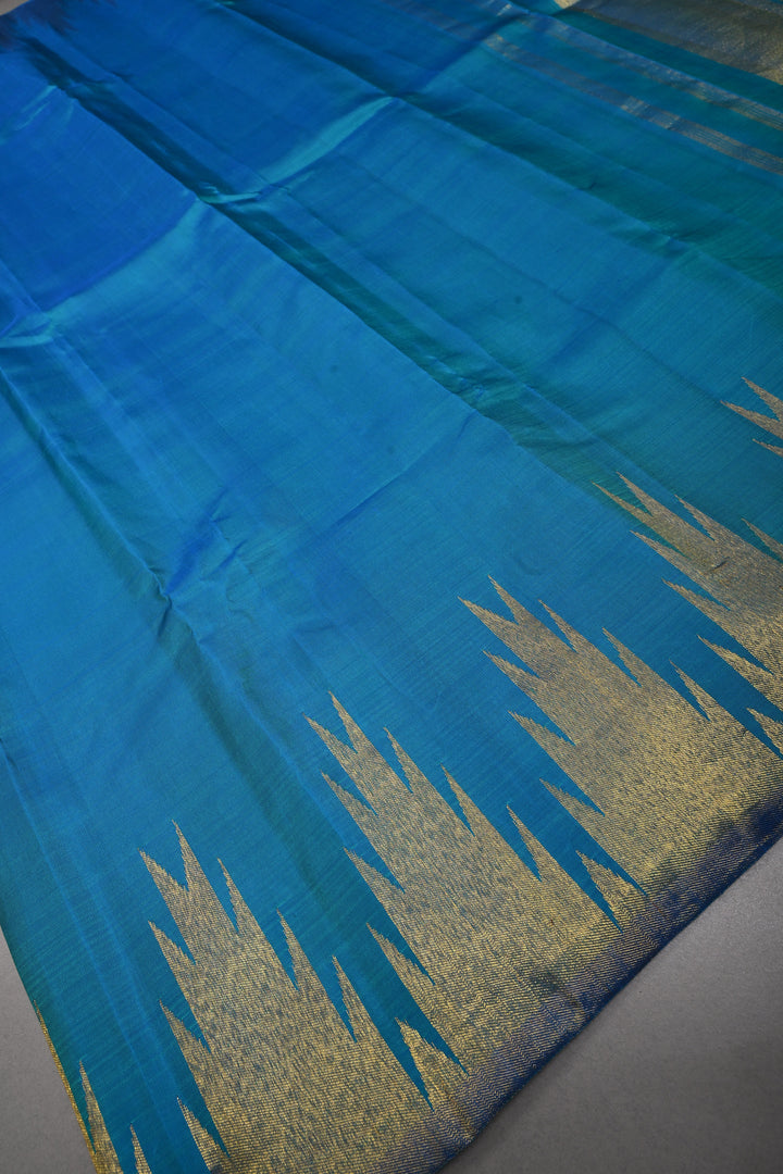 Copper Sulphate Blue and Green Dual tone Kanjivaram Pure Silk Saree with Zari Temple Border  | SILK MARK CERTIFIED