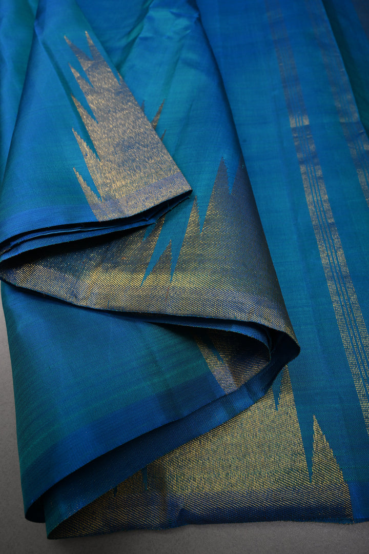 Copper Sulphate Blue and Green Dual tone Kanjivaram Pure Silk Saree with Zari Temple Border  | SILK MARK CERTIFIED
