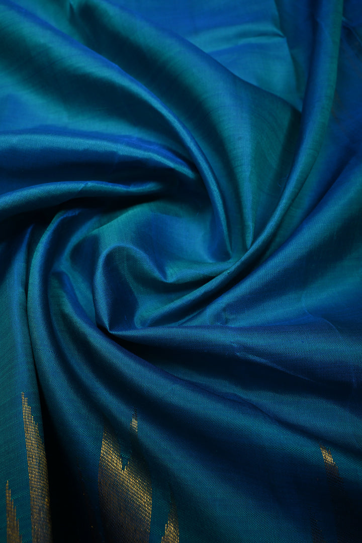 Copper Sulphate Blue and Green Dual tone Kanjivaram Pure Silk Saree with Zari Temple Border  | SILK MARK CERTIFIED