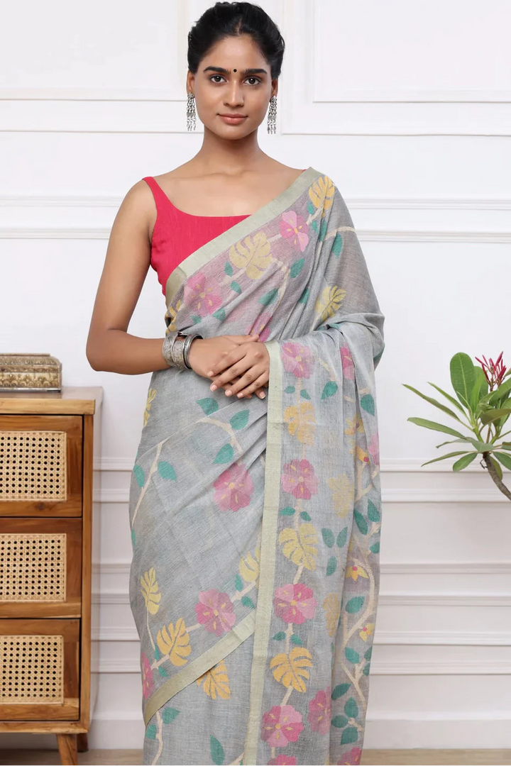 Handloom Grey Soft Cotton Multi Colour Floral Jamdani Saree | SHOBITAM