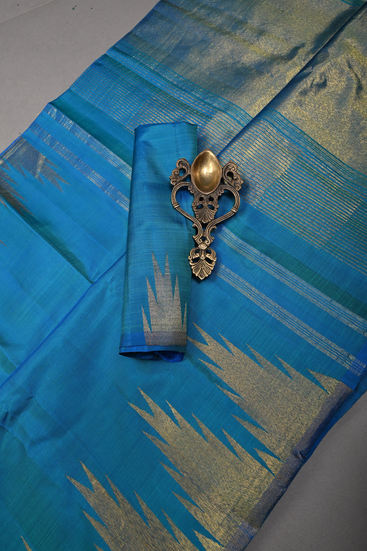 Copper Sulphate Blue and Green Dual tone Kanjivaram Pure Silk Saree with Zari Temple Border  | SILK MARK CERTIFIED