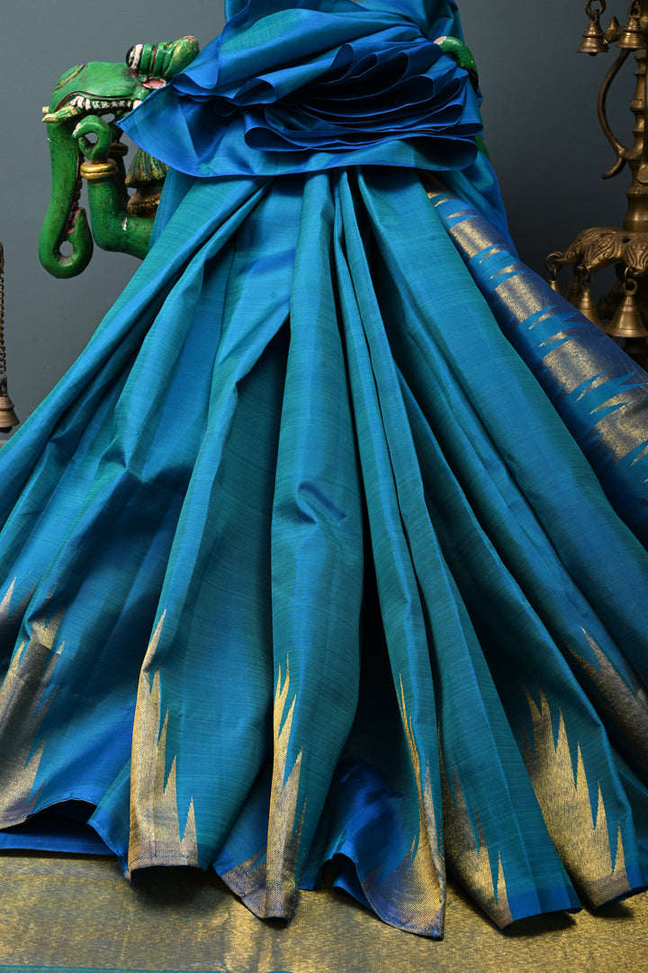 Copper Sulphate Blue and Green Dual tone Kanjivaram Pure Silk Saree with Zari Temple Border  | SILK MARK CERTIFIED