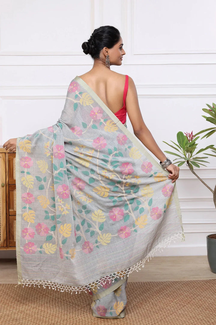 Handloom Grey Soft Cotton Multi Colour Floral Jamdani Saree | SHOBITAM