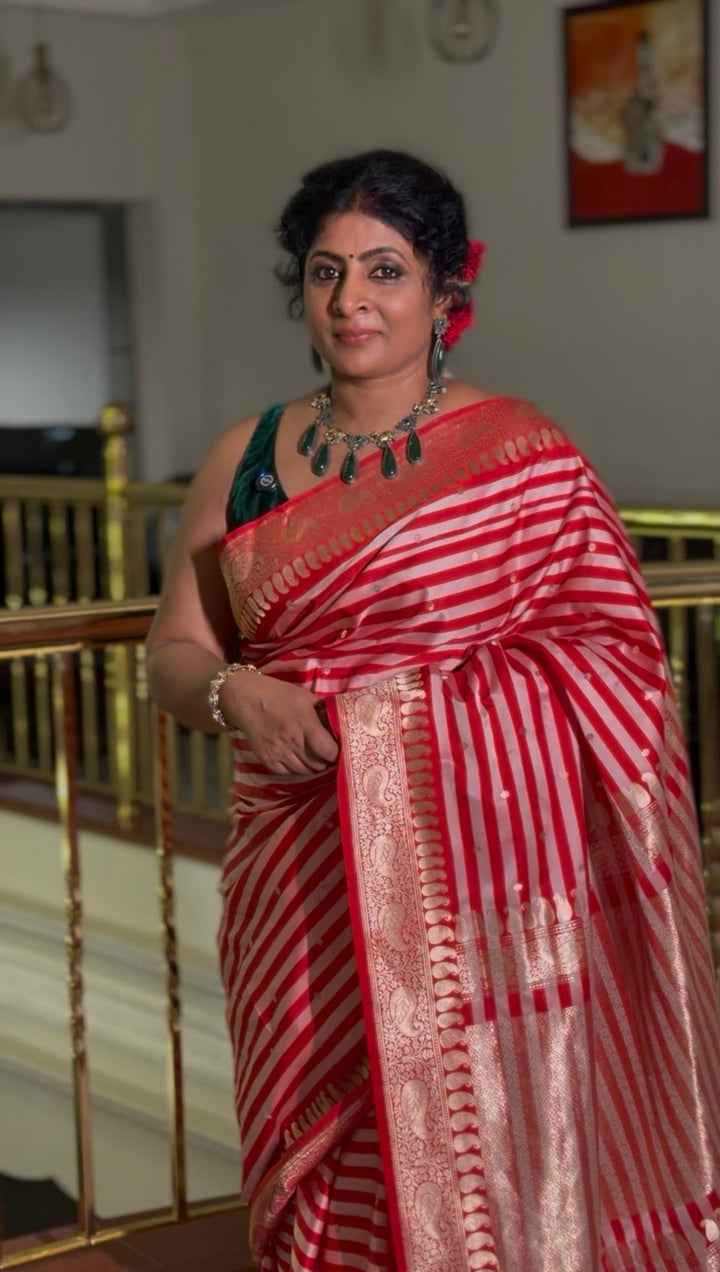 Red Banarasi Mashru Silk Saree with Chunri Buttis Horizontal Panel and Zari Border | SILK MARK CERTIFIED | SHOBITAM