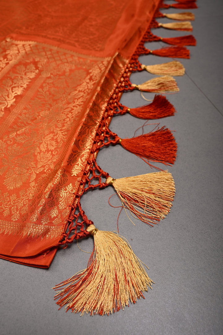 Rust Orange Gadwal Silk Saree with Zari Buttas and Wide Zari Border | SILK MARK CERTIFIED