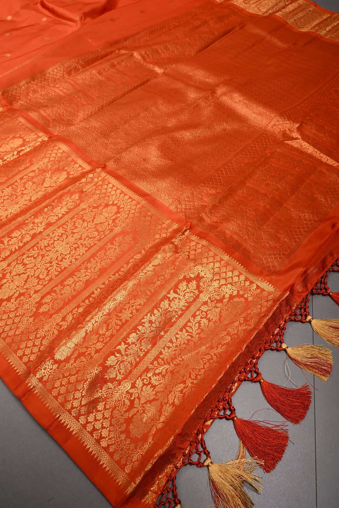 Rust Orange Gadwal Silk Saree with Zari Buttas and Wide Zari Border | SILK MARK CERTIFIED