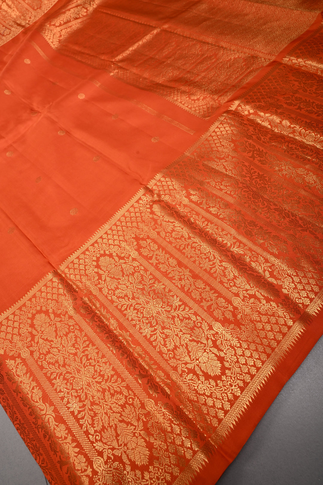Rust Orange Gadwal Silk Saree with Zari Buttas and Wide Zari Border | SILK MARK CERTIFIED