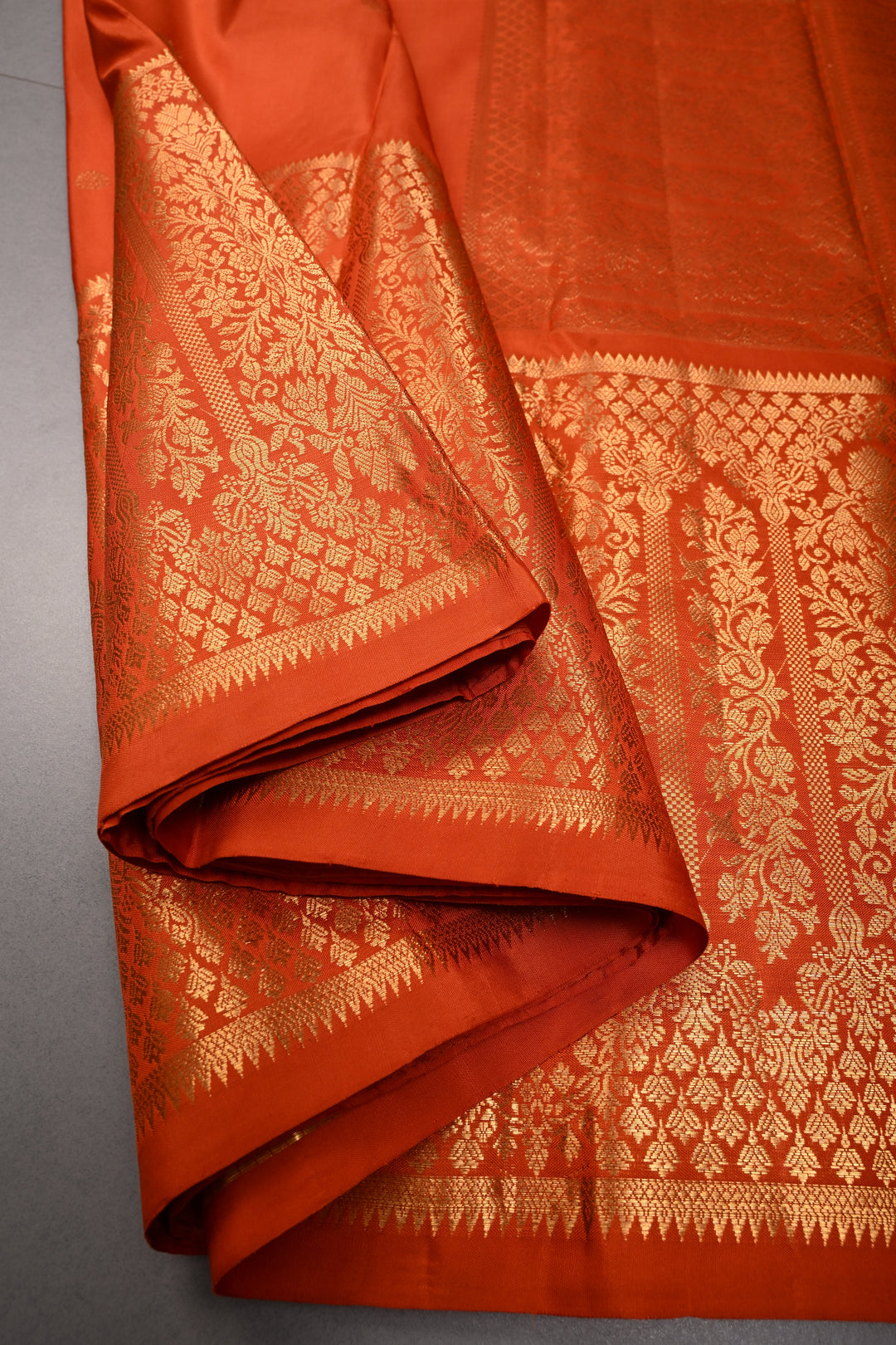 Rust Orange Gadwal Silk Saree with Zari Buttas and Wide Zari Border | SILK MARK CERTIFIED