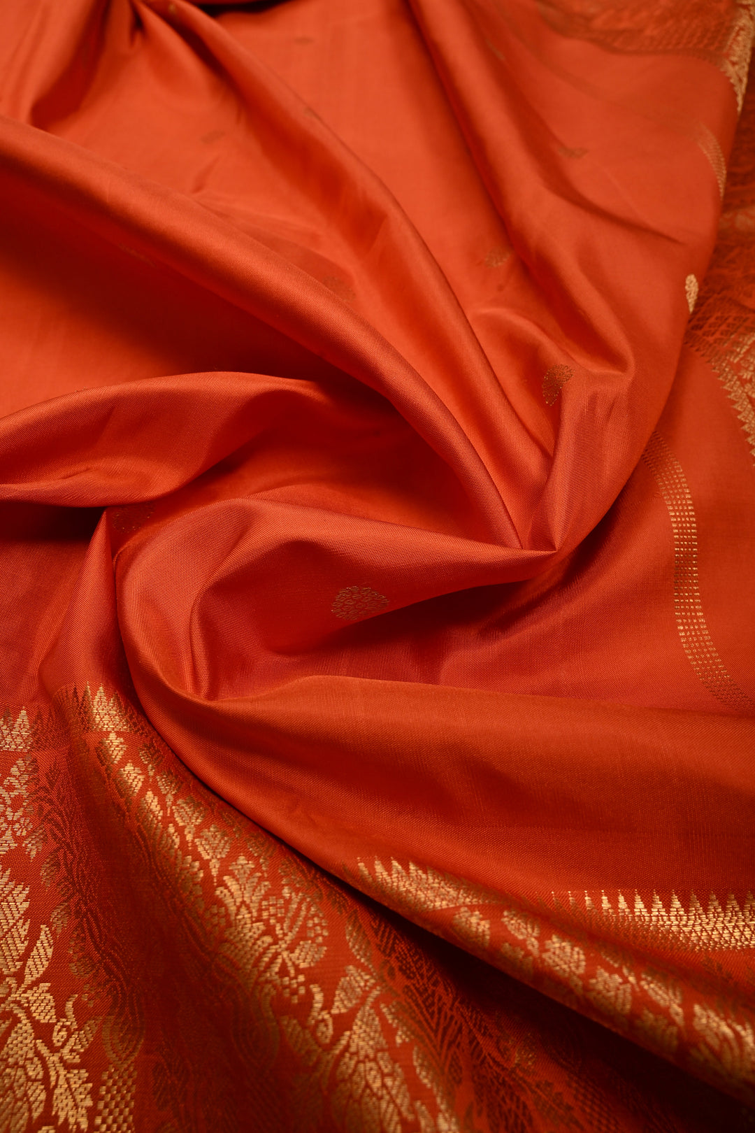 Rust Orange Gadwal Silk Saree with Zari Buttas and Wide Zari Border | SILK MARK CERTIFIED