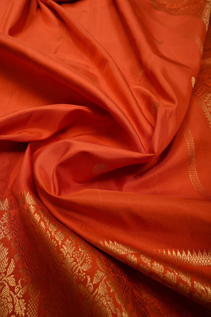 Rust Orange Gadwal Silk Saree with Zari Buttas and Wide Zari Border | SILK MARK CERTIFIED