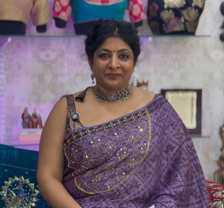 Lavender Modal Silk Saree with Vanaspati Hand Block Print Cutdana, Sequins and Tikki Work | SHOBITAM