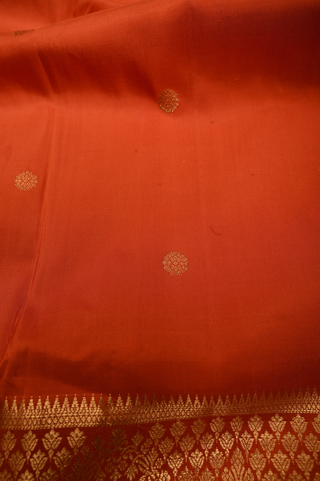 Rust Orange Gadwal Silk Saree with Zari Buttas and Wide Zari Border | SILK MARK CERTIFIED