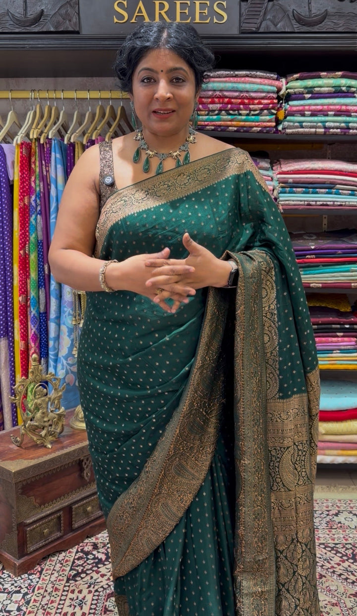 Hunter Green Mysore Silk Saree with Antique Zari Buttis Brocade and Paisley Wide Zari Border | SILK MARK CERTIFIED | SHOBITAM