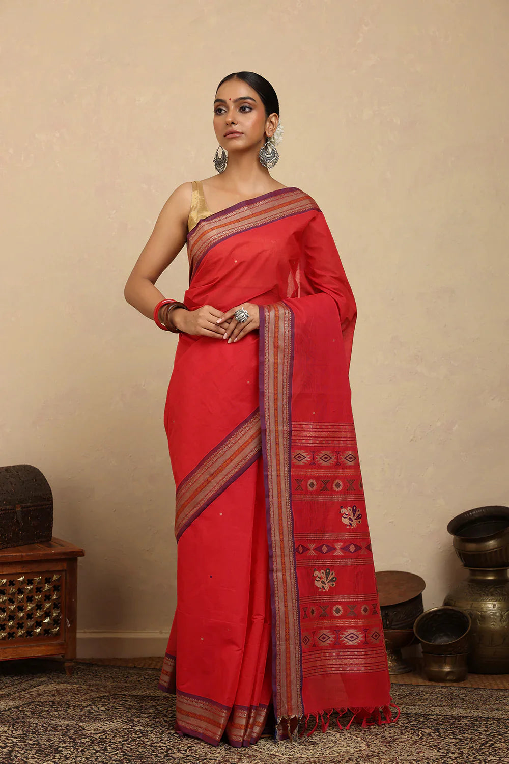 Handloom Crimson Red Kanchi Cotton Saree | SHOBITAM