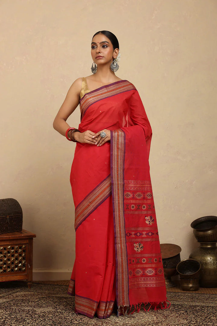 Handloom Crimson Red Kanchi Cotton Saree | SHOBITAM