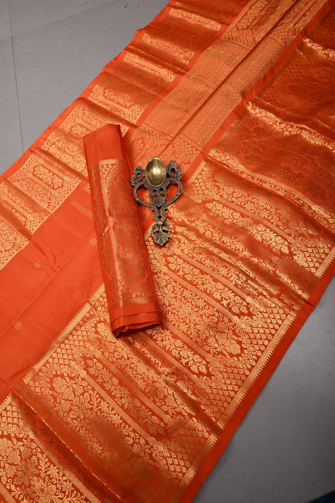 Rust Orange Gadwal Silk Saree with Zari Buttas and Wide Zari Border | SILK MARK CERTIFIED
