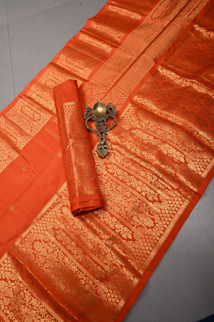 Rust Orange Gadwal Silk Saree with Zari Buttas and Wide Zari Border | SILK MARK CERTIFIED