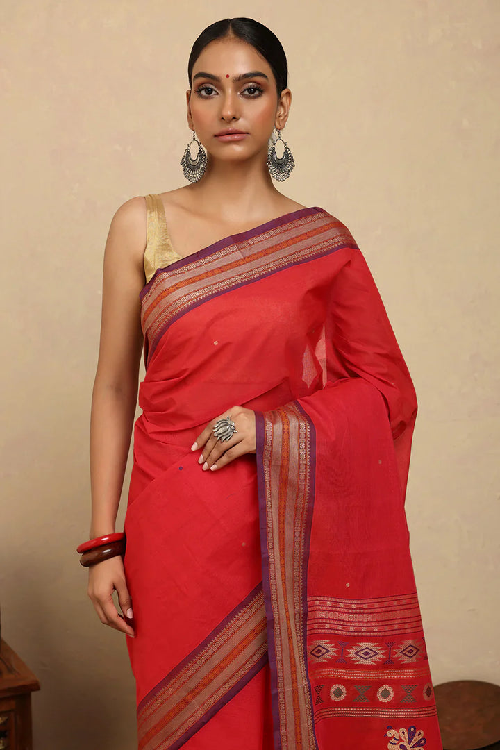 Handloom Crimson Red Kanchi Cotton Saree | SHOBITAM