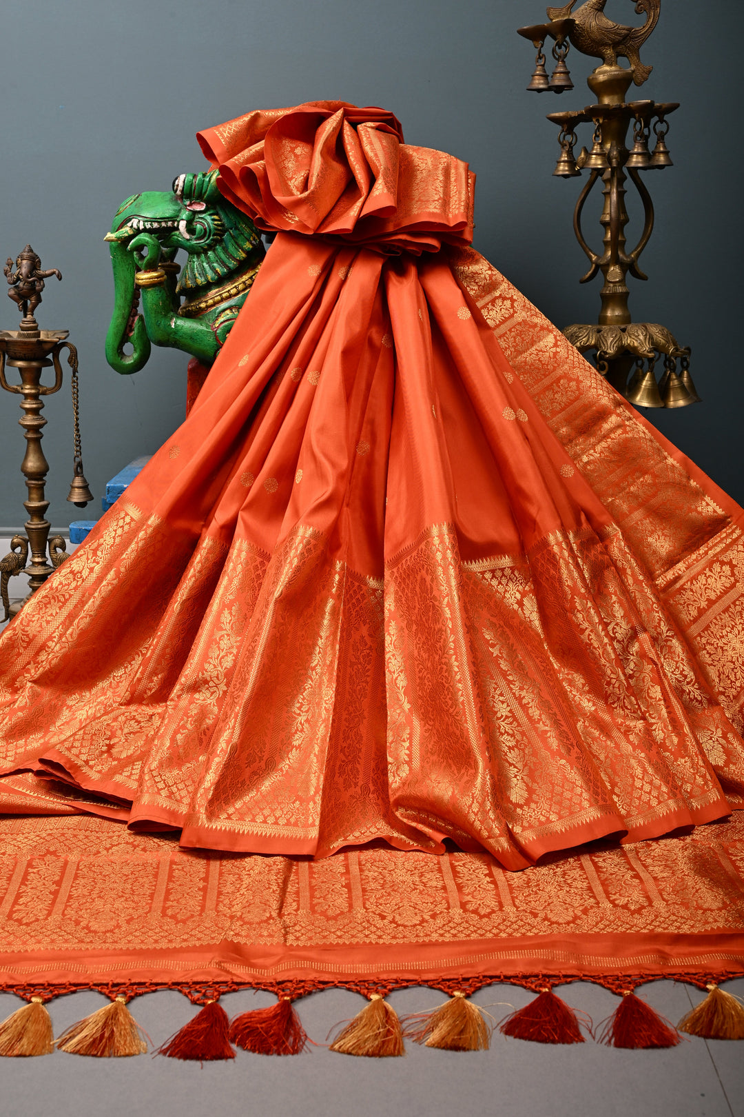 Rust Orange Gadwal Silk Saree with Zari Buttas and Wide Zari Border | SILK MARK CERTIFIED