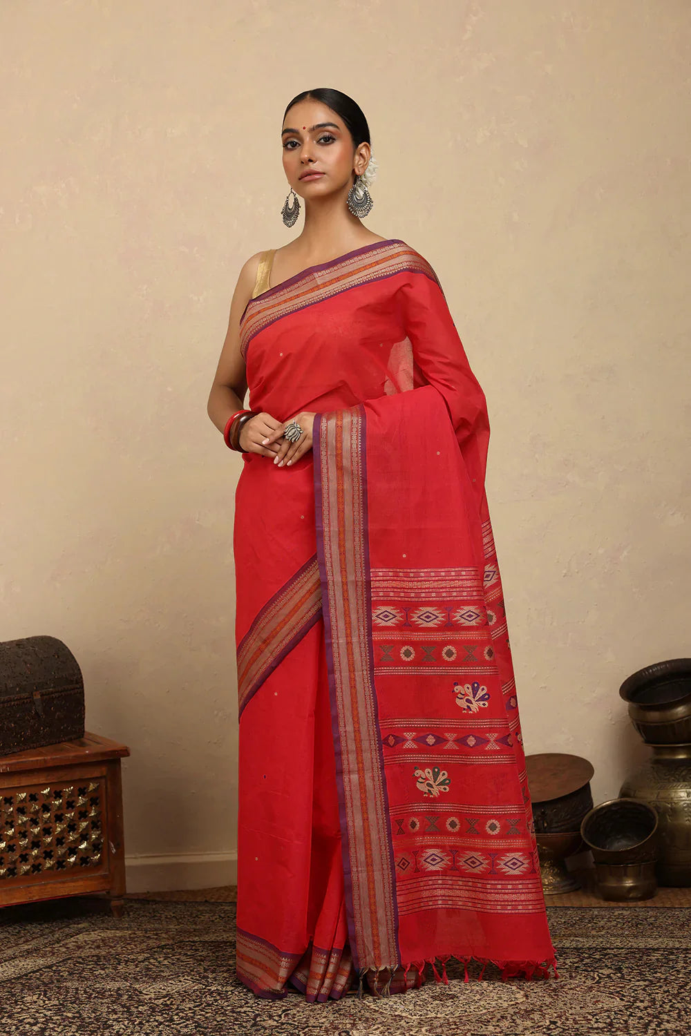 Handloom Crimson Red Kanchi Cotton Saree | SHOBITAM