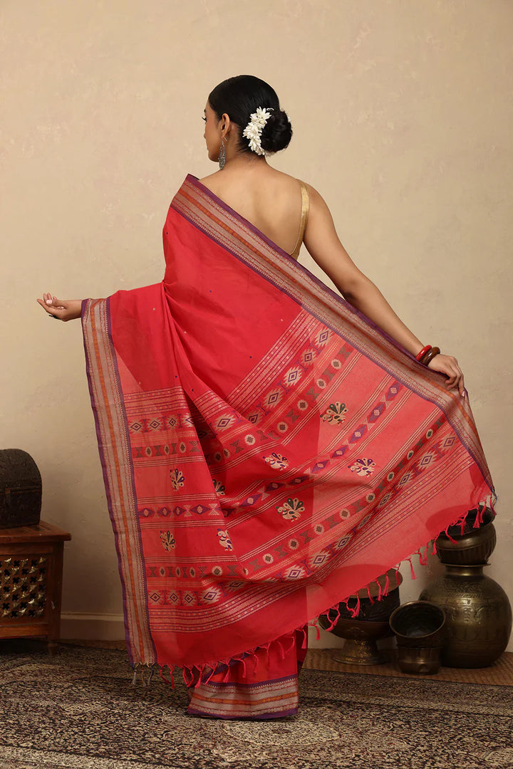 Handloom Crimson Red Kanchi Cotton Saree | SHOBITAM