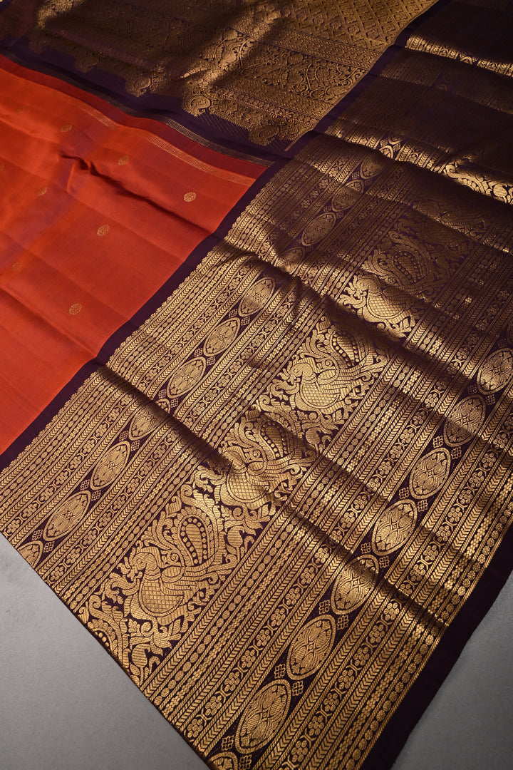Rust Orange Dual Tone Gadwal Silk Saree with Zari Buttas and 16' Wide Contrast Zari Border | SILK MARK CERTIFIED | SHOBITAM