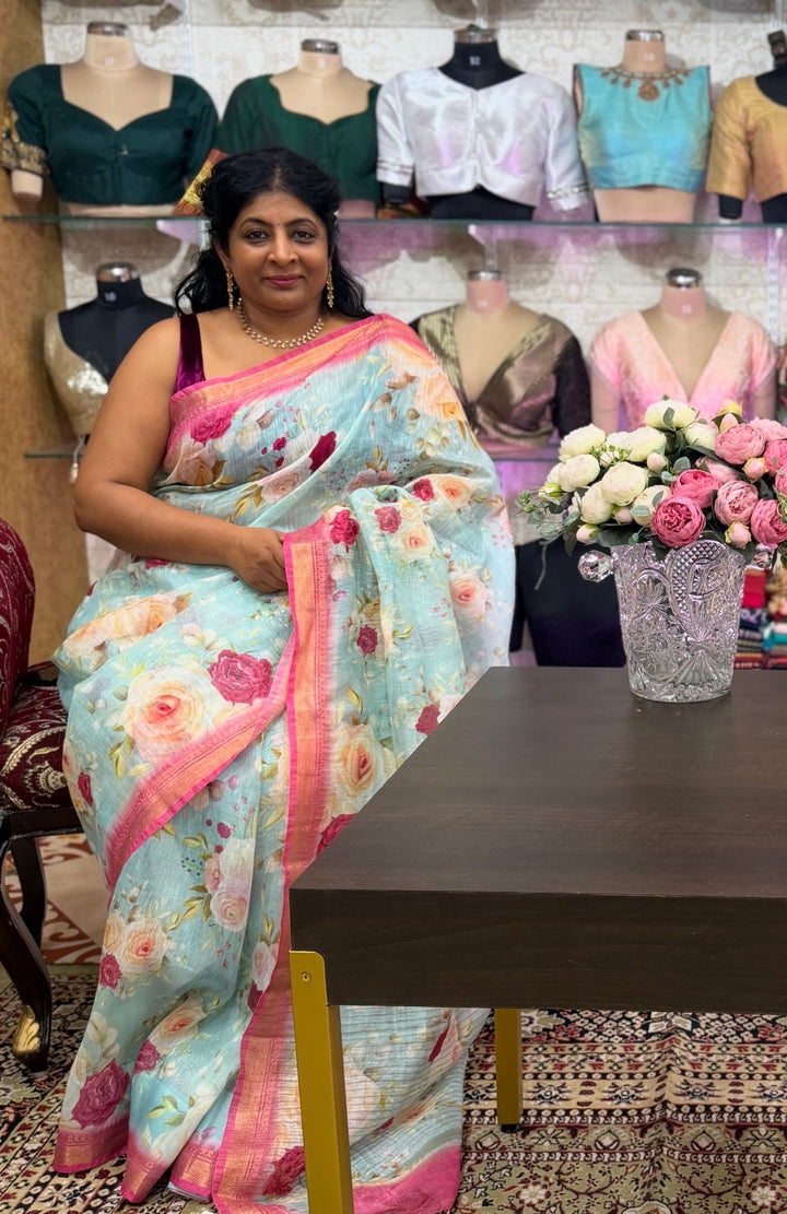 Victorian garden: Light Blue Silk Linen Saree with Rose Floral Digital Print and Contrast Pink Zari Borders | SHOBITAM